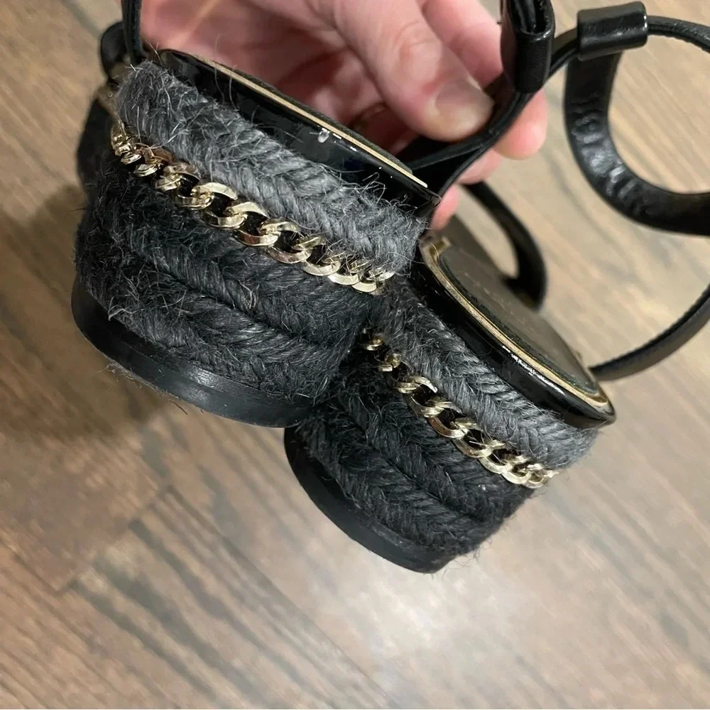 Lanvin Paris Black Leather Espadrille Flatform Sandal size EU 36 with gold chain